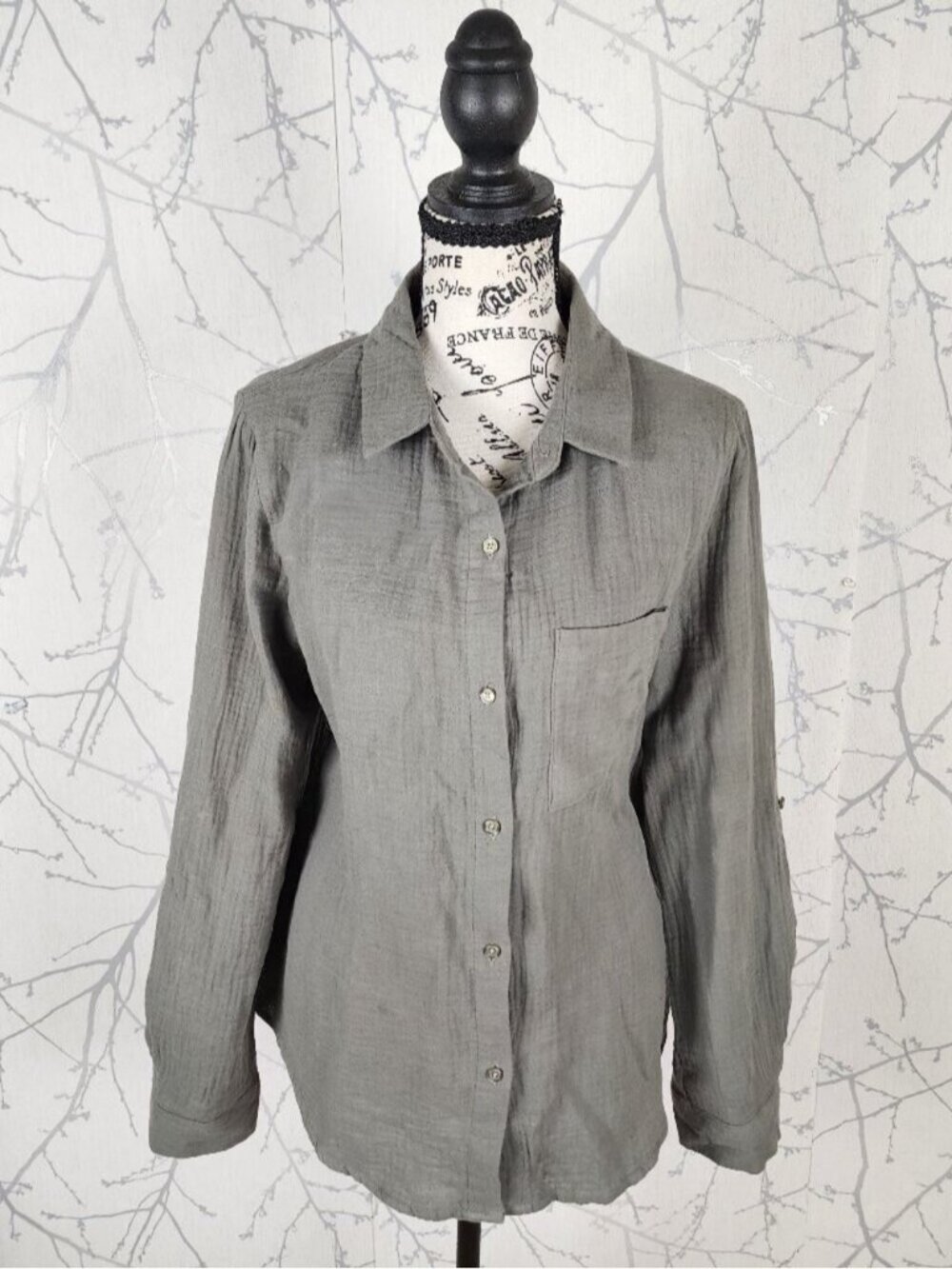 Eclipse Greenish Gray Cotton Gauze Button Front Shirt